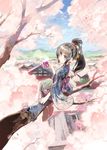  black_hair blue_eyes branch cherry_blossoms cup hair_ornament in_tree japanese_clothes kimono konno_takashi long_hair looking_back original ponytail sitting sitting_in_tree smile solo steam tree 