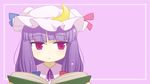  :&lt; blush book bow crescent hair_bow hat highres long_hair patchouli_knowledge pink_eyes purple_hair solo touhou ume_(noraneko) 