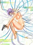  breasts cable cyberpunk cyborg english floating ghost_in_the_shell ghost_in_the_shell_stand_alone_complex gun handgun highres kusanagi_motoko medium_breasts nude pistol purple_hair red_eyes seburo_m5 shirosaba_(a_a) short_hair solo sweat weapon 