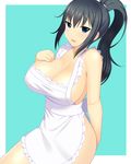  alternate_hairstyle apron bare_shoulders black_hair blue_background blue_eyes breasts cleavage huge_breasts ikaruga_(senran_kagura) kyoku_tou long_hair naked_apron senran_kagura senran_kagura_shoujo-tachi_no_shin'ei solo 