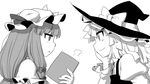  blush book bow braid chin_rest closing_book crescent greyscale hair_bow hat kirisame_marisa long_hair looking_at_another monochrome multiple_girls open_mouth patchouli_knowledge smile touhou ume_(noraneko) witch_hat yellow_eyes 