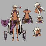  anklet ayla_shamalu bad_idea bare_shoulders barefoot black_wings blade blindfold bracelet butt_crack character_sheet dark_skin highres jewelry long_hair original print_sarong purple_sarong red_eyes sarong scarf tengu topless twintails very_long_hair white_hair wings 