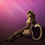  anthro arm_support breasts brown_hair butt digitigrade feline female hair heterochromia hindpaw horn leonoy leopard looking_back mammal nipples nude pawpads paws pinup plain_background pose side_boob sitting soles solo toes whiskers 