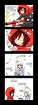  4koma cloak closed_eyes comic dollar_sign english highres hood hooded_cloak long_sleeves lunarisaileron multiple_girls recycling ruby_rose rwby shell_casing simple_background upper_body weiss_schnee white_background 