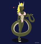  bikini bracelet breasts claws clothing dragon female hair horn jewelry looking_at_viewer one_eye_closed red_eyes reptile scalie siiri smile solo standing swimsuit tight_clothing wiira wink 