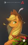  antiander apple applejack_(mlp) blonde_hair cowboy_hat equine feather female feral freckles friendship_is_magic fruit green_eyes grey_background hair hat hi_res horse long_hair looking_at_viewer mammal my_little_pony orange_skin plain_background pony smile solo teeth 