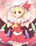  aibumi ascot bad_id bad_pixiv_id blonde_hair blush fang flandre_scarlet hat hat_ribbon highres open_mouth red_eyes ribbon short_hair side_ponytail skirt solo touhou wings 