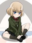  blonde_hair blue_eyes blush girls_und_panzer katyusha looking_at_viewer military military_uniform pravda_school_uniform short_hair sitting skirt solo uniform youkan 