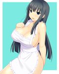  apron bare_shoulders black_hair blue_background blue_eyes breasts cleavage huge_breasts ikaruga_(senran_kagura) kyoku_tou light_smile long_hair naked_apron senran_kagura senran_kagura_shoujo-tachi_no_shin'ei solo 