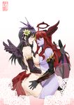  ass ass_grab bad_id bad_pixiv_id black_hair blonde_hair breast_press breasts detached_sleeves elbow_gloves flower gloves green_eyes hair_flower hair_ornament halo head_wings hera_(p&amp;d) large_breasts multicolored_hair multiple_girls nude peagunz persephone_(p&amp;d) purple_skin puzzle_&amp;_dragons red_hair saliva saliva_trail symmetrical_docking tongue wings yuri 