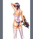  ass back bare_shoulders bullpup cyberpunk cyborg fingerless_gloves from_behind ghost_in_the_shell ghost_in_the_shell_stand_alone_complex gloves gun highres image_sample kusanagi_motoko leotard looking_at_viewer looking_back md5_mismatch pillarboxed pixiv_sample purple_hair red_eyes shirosaba_(a_a) short_hair solo submachine_gun thighhighs weapon 