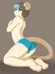  blue_hair blush bulge butt claws freckles grey_background grey_nose hair hindpaw looking_at_viewer male mammal mouse multi-colored_hair paws plain_background rodent seth-iova short_hair smile solo underwear white_skin 