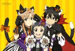  2girls absurdres animal_ears asuna_(sao) black_eyes black_hair bow brown_eyes brown_hair cape gloves hair_bow halloween hat highres kawatsuma_tomomi kirito long_hair megami megami_deluxe multiple_girls official_art open_mouth paw_gloves paw_pose paws scan short_hair smile sword_art_online tail top_hat very_long_hair witch_hat yui_(sao) 