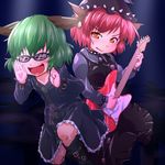  &gt;_&lt; animal_ears boots choujuu_gigaku closed_eyes dress green_hair guitar hat instrument kasodani_kyouko multiple_girls mystia_lorelei open_mouth orange_eyes pink_hair short_hair smirk touhou waribashi-p 