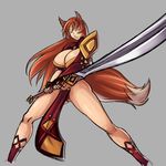  animal_ears asymmetrical_clothes bad_idea bare_legs breasts brown_hair cleavage cleavage_cutout closed_eyes fox_ears fox_tail highres horori huge_breasts huge_weapon legs loincloth original pauldrons solo sunrise_stance sword tail thick_thighs thighs weapon 