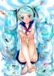  barefoot blue_eyes bottle_miku feet fish goldfish hands_on_own_knees hatsune_miku highres liquid_hair long_hair smile very_long_hair vocaloid wata_neko 