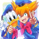  bad_id bad_pixiv_id cosplay crossover disney donald_duck donald_duck_(cosplay) green_eyes hat inazuma_eleven_(series) inazuma_eleven_go inazuma_eleven_go_galaxy looking_at_viewer maianh male_focus minaho_kazuto multiple_boys open_mouth orange_hair upper_body v 