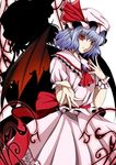  ascot bat_wings blue_hair brooch dress hat hat_ribbon jewelry looking_at_viewer nail_polish ominous_shadow outstretched_arm outstretched_hand pink_dress puffy_sleeves red_eyes red_nails remilia_scarlet ribbon sash sawade shadow short_hair short_sleeves slit_pupils smile solo touhou wings 
