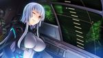  1girl android blue_hair bodysuit breasts cable game_cg gun_knight_girl highres large_breasts long_hair looking_at_viewer red_eyes science_fiction sitting solo sumeragi_kohaku takato_sayako tree trees wince wink 