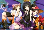  absurdres accel_world animal_ears black_hair boots breasts broom brown_eyes brown_hair cleavage detached_sleeves detexted garters gloves halloween hat highres horns kittysuit kouzuki_yuniko kurashima_chiyuri kuroyukihime legs long_hair medium_breasts megami multiple_girls non-web_source official_art open_mouth paw_gloves paws purple_eyes red_eyes red_hair sawada_mika short_hair small_breasts striped striped_legwear tail thigh_boots thighhighs third-party_edit wings witch_hat 