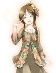  brown_hair closed_eyes dress hair_ornament idolmaster idolmaster_cinderella_girls jewelry ment necklace open_mouth smile solo takamori_aiko 