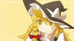  blonde_hair blush bow braid chin_rest hair_bow hat highres kirisame_marisa long_hair outside_border smile solo touhou ume_(noraneko) witch_hat yellow_eyes 