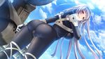  ass blue_hair bodysuit breasts cloud day dutch_angle game_cg gun_knight_girl hairband large_breasts long_hair looking_at_viewer looking_down red_eyes skin_tight sky smile solo standing sumeragi_kohaku takato_sayako thighs very_long_hair 