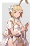  1girl animal_ears belt blonde_hair blush breasts brown_eyes bunny_ears bunny_tail bunnysuit cape cleavage closed_mouth commentary_request cowboy_shot djeeta_(granblue_fantasy) fake_animal_ears flower frown furrowed_eyebrows granblue_fantasy grey_background hair_flower hair_ornament hairband hinami_(hinatamizu) holding leotard looking_to_the_side puffy_short_sleeves puffy_sleeves short_hair short_sleeves shrug_(clothing) small_breasts solo standing tail thighs two-tone_background white_background white_cape white_flower white_leotard wrist_cuffs 