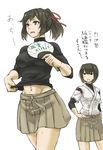 8_page bad_id bad_pixiv_id brown_eyes brown_hair fan groin hair_ribbon hand_on_hip highres hyuuga_(kantai_collection) ise_(kantai_collection) japanese_clothes kantai_collection midriff multiple_girls navel open_mouth ponytail ribbon shirt_lift sweat translated 