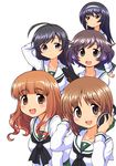  akiyama_yukari blush brown_hair girls_und_panzer hairband headphones isuzu_hana long_hair multiple_girls nishizumi_miho ooarai_school_uniform reizei_mako school_uniform short_hair smile takebe_saori tank_shell yuuki_akira 