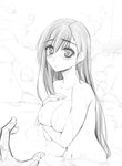  blush breasts covering covering_breasts earrings final_fantasy final_fantasy_vii jewelry large_breasts long_hair monochrome navel nude onsen pov sketch solo_focus steam tifa_lockhart zekkyon 