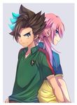  back-to-back bad_id bad_pixiv_id battle_eleven best_eleven blue_eyes blue_hair brown_hair inazuma_eleven_(series) inazuma_eleven_choujigen_dream_match inazuma_eleven_go inazuma_eleven_go_galaxy kirino_ranmaru long_hair looking_back maianh male_focus matatagi_hayato multicolored_hair multiple_boys pink_hair simple_background soccer_uniform sportswear twintails two-tone_hair 