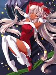  armpits arms_up blush breasts claws dark_skin elbow_gloves gloves hazuki_gean large_breasts long_hair looking_at_viewer original pointy_ears red_eyes santa_costume shoes silver_hair single_shoe smile solo star thighhighs white_legwear 