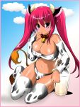  1girl animal_ears animal_print bell breasts cow_ears cow_print cow_tail drink large_breasts long_hair milk original pink_hair purple_eyes queen-vegeta69 solo tail thighhighs twintails 