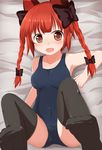  animal_ears bad_id bad_pixiv_id bed black_legwear blush bow braid breasts cat_ears extra_ears fang hair_bow highres kaenbyou_rin large_breasts lying masa_masa one-piece_swimsuit open_mouth red_eyes red_hair school_swimsuit solo swimsuit thighhighs touhou twin_braids 