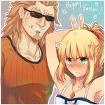  &gt;:( 1girl anger_vein angry armpits arms_behind_head arms_up bangs bare_shoulders beard blonde_hair blush braid breasts bunny_ears_prank cleavage cleavage_cutout collarbone easter easter_egg egg embarrassed english facial_hair facial_scar fate/apocrypha fate_(series) french_braid frown goatee gradient gradient_background green_eyes grin hair_ornament hair_scrunchie hand_up happy_easter high_ponytail jewelry light_brown_hair looking_at_viewer medium_breasts mordred_(fate) mordred_(fate)_(all) nose_blush outline pendant red_scrunchie red_sweater ribbed_sweater scar scrunchie shishigou_kairi short_hair sideboob sidelocks smile spaghetti_strap sunglasses sweater text_focus texture tusia upper_body v v-shaped_eyebrows wavy_mouth 