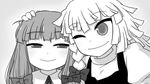  blush bow braid greyscale hair_bow hand_on_another's_head hat hat_removed headwear_removed kirisame_marisa long_hair looking_at_viewer monochrome multiple_girls one_eye_closed patchouli_knowledge smile touhou ume_(noraneko) 