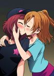  bad_id bad_pixiv_id blush brown_hair closed_eyes couple hand_on_another's_cheek hand_on_another's_face hat kiss kousaka_honoka love_live! love_live!_school_idol_project multiple_girls niina_ryou nishikino_maki off_shoulder red_hair shirt short_hair t-shirt yuri 