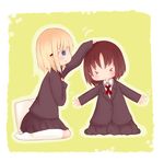  &gt;_&lt; aislinn_wishart behind_ear blazer blonde_hair blue_eyes blush brown_hair closed_eyes fata_(minifata) jacket kakura_kurumi kneeling miyamori_school_uniform multiple_girls notepad pen petting saki school_uniform short_hair sitting smile 