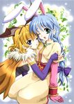  2girls absurdres acolyte alchemist alchemist_(ragnarok_online) animal_ears aqua_eyes arm_grab artist_request blonde_hair blue_eyes blue_hair braid bunny_ears cape elbow_gloves fake_animal_ears female fingerless_gloves flower gem gloves happy head_wings highres holding hug kneeling long_hair looking_at_viewer multiple_girls open_mouth ragnarok_online short_hair sitting smile strapless test_tube wince wink yuri 