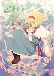  alice_margatroid blonde_hair blue_eyes blush boots capelet commentary_request dress flower hairband mieharu rose short_hair solo swirling touhou 