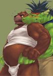  bear biceps big_muscles black_nose blush brown_fur bulge chest_tuft chinese_dragon chubby clothing dragon duo embarrassed forced from_behind fundoshi fur gay green_dragon green_scales green_skin grizzly_bear hair holding horn juuichi juuichi_mikazuki kemono male mammal morenatsu musclegut muscles nervous noodles_(artist) overweight pecs plain_background shirt side_view tank_top tatsuki tight_clothing tuft underwear unknown_artist 