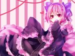  bow dress frills gothic_lolita hair_bow hairband hand_to_own_mouth heart lolita_fashion original pillow pink_hair red_eyes short_hair sleeves_past_wrists solo uiroutsuji_yumihiko 