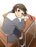  blue_eyes blush bow brown_hair chair desk hair_bow hair_ornament looking_back mattaku_mousuke mechanical_pencil notebook open_mouth original pencil pencil_case school_desk school_uniform serafuku shoes short_hair sitting skirt socks solo uwabaki wavy_mouth 