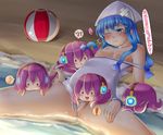  1girl ? ball bandages beach beachball blue_eyes blue_hair blush breasts chestnut_mouth crossover directional_arrow eighth_note fang hat highres ikamusume kitsunerider megurine_luka musical_note nipples one-piece_swimsuit one_eye_closed partially_visible_vulva pink_hair pussy_juice sand shinryaku!_ikamusume small_breasts solo speech_bubble spoken_exclamation_mark spoken_musical_note spread_legs swimsuit swimsuit_aside swimsuit_pull takoluka tentacle_hair vocaloid water 