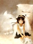  animal bad_id bad_pixiv_id bare_arms brown_hair circlet dog licking mononoke_hime oversized_animal puppy rudorufu11 san sitting smile solo studio_ghibli white_fur wolf younger 