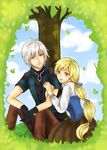  blonde_hair braid couple forest green_eyes grey_eyes highres jacket leaf male male_focus mirage_noir nature tree vesper vesper_(mirage_noir) vienna vienna_(mirage_noir) white_hair 