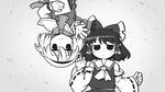  alice_margatroid ascot bow capelet detached_sleeves dress from_above greyscale hair_bow hairband hakurei_reimu lying monochrome multiple_girls on_back short_hair touhou ume_(noraneko) wide_sleeves 