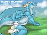  2013 blue_eyes blue_skin calws claws dragon easter easter_eggs egg female feral grass holidays horn nature open_mouth outside oviposition scalie smile solo tojo_the_thief white_skin wings 