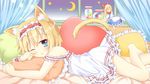  alice_margatroid animal_ears bed blonde_hair blue_eyes cat_ears cat_tail crescent_moon curtains doll frilled_pillow frills hairband jar kemonomimi_mode moon one_eye_closed pillow shanghai_doll short_hair tail touhou umi_suzume waking_up 